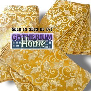 Damask Christmas Cloth Napkins Set (4) Metallic Gold Holly …